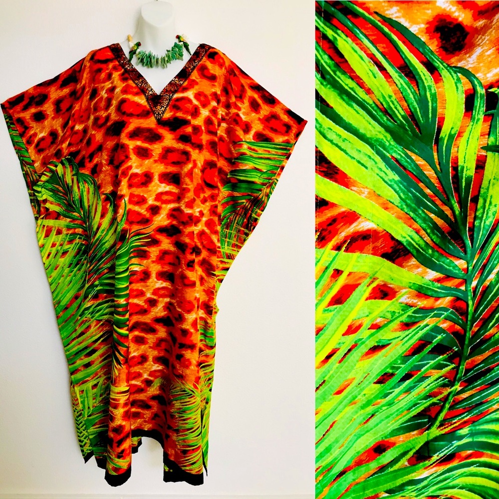 NWT Leopard Palm Leaf CAFTAN Resort Dress O/S